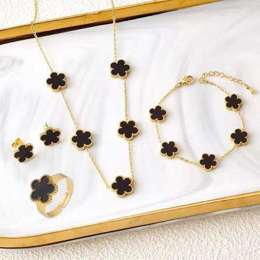 Classic Luxury 4pcs Stainless Steel Bracelet Necklace Earrings Ring Five Leaf Flower Jewelry Set for Women Party Jewelry Clover