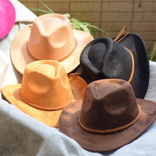 Vegan Suede Cowboy Hat with Braided Strap, Vegan Suede Adjustable Western Hat for Women, Stylish Western Hat